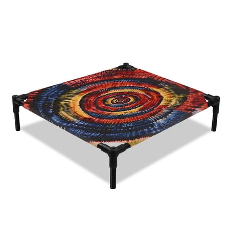Abstract Art Elevated Dog Bed Red Navy Yellow Tie-Dye Art Ethnic Style Cooling Breathable Outdoor Raised Dog Cot Bed with Metal Frame Non-Slip Feet for Small Dog 20x20in
