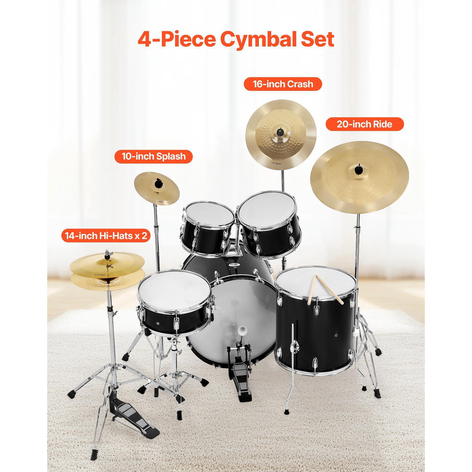 4 Piece Alloy Cymbal Pack for Drum Set Includes 14 Inch Hi Hats 16 Inch Crash 20 Inch Ride 10 Inch Splash with Drumsticks and Cymbal Bag