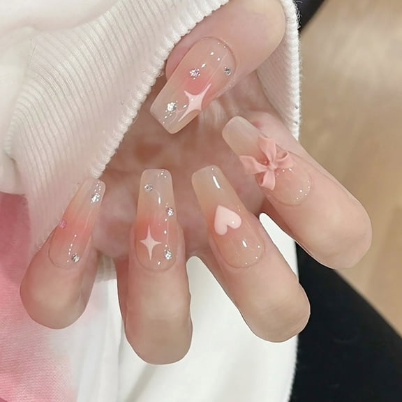 24Pcs Valentine's Day Long Coffin Press on Nail Full Cover Heart Star Bows Designs Acrylic Artificial on Nail for Women