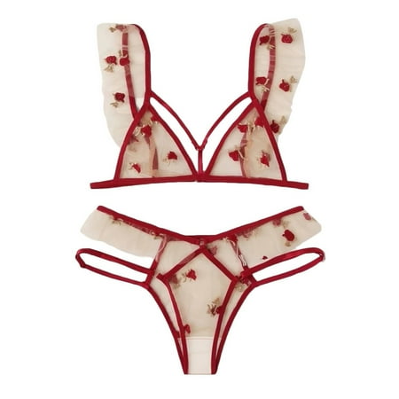 

RPVATI Women Sexy Lingerie Set See Through Mesh Floral Bra and Panty Set Sexy Teddy Bodysuit