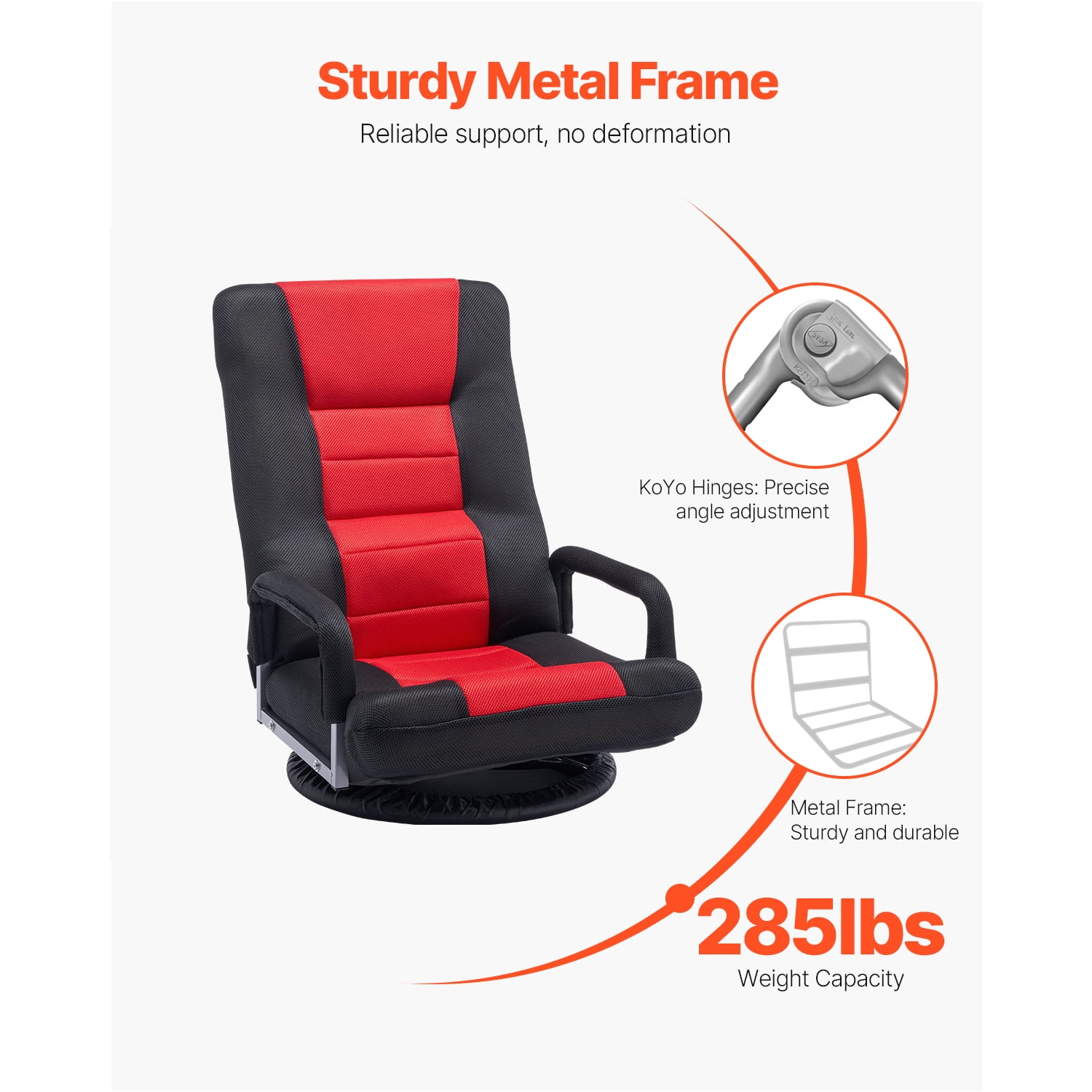 KFFKFF Rotating Floor Game Chair with Armrests, 6 Variable Backrest Positions and Support for Lower Back, Collapsible Multimedia Lounging Chair, Red Black
