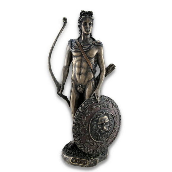 Greek and Roman God Apollo with Medusa Head Shield and Golden Bow Bronze Finished Resin Statue - 11.5 Inches High - Amazing Detail - Hand Painted Accents