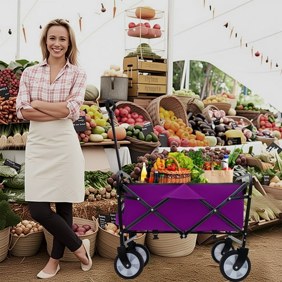 Collapsible Foldable Wagon Cart with strapping system Beach Wagon , Utility Wagon Strap Grocery Cart for Camping Shopping Sports Gardeing Fishing Supports,225lbs Purple