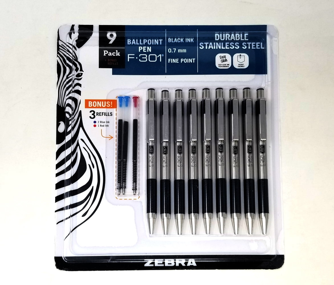 Zebra F 301 Ballpoint Retractable Pen, Black Ink, Fine 9 Pens, Bonus