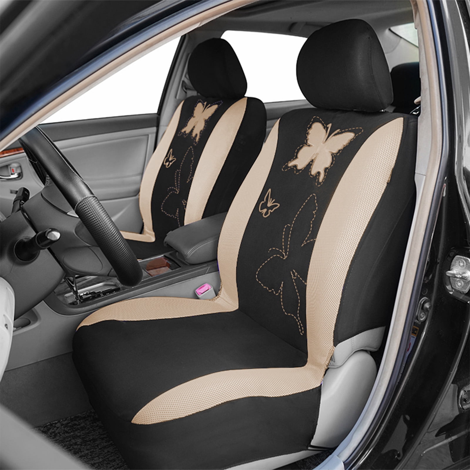 OTOEZ Butterfly Car Seat Cover, Breathable Cloth 5 Seats Full Set for Front & Rear Seat Protector, Universal fit Most Honda Toyota Chevy Ford Nissan Truck SUV, Beige