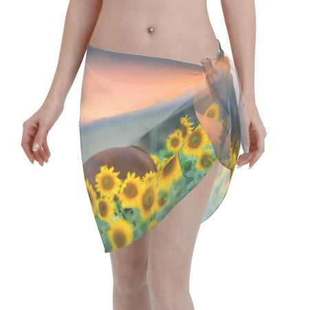 Qekee Horse Sunflowers Women s Short Sarongs Cover Ups Sheer Bikini Wraps for Swimwear