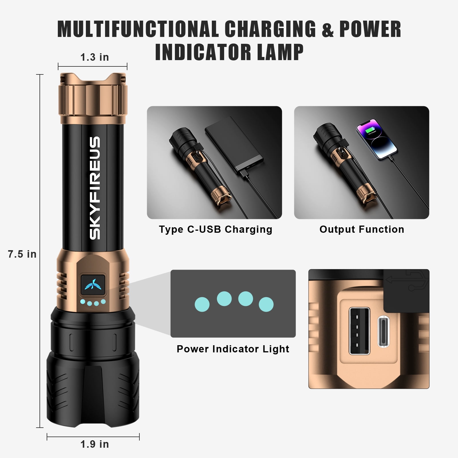 High-lumen LED flashlight with fire-starter function, adjustable focus & 4 modes—ideal for outdoor adventures and household needs.