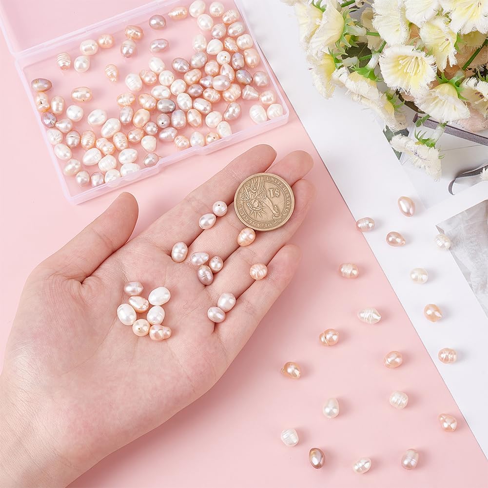 114 Pcs 3 Colors Natural Cultured Freshwater Pearl Beads 7mm White Plum Pink Oval Freshwater Pearl 3 Strands Loose Freshwater Pearl Charms Beads for Craft Jewelry Making colorful