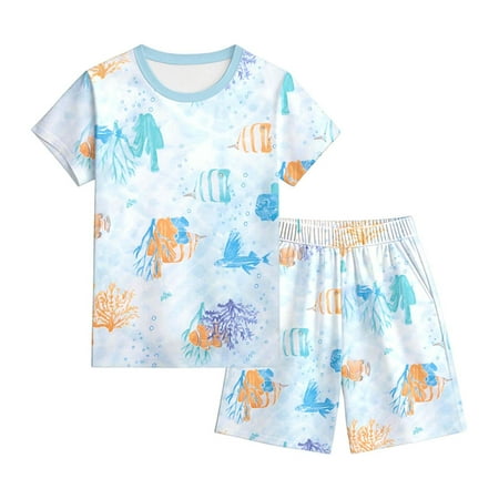 Landzoo Boys Outfit Set Graphic Print Short Sleeve Crew Neck Homewear With Graphic Print Shorts Set Summer Cozy Soft Toddler Kids Boys Outfit Size 5-6 Years Light Blue