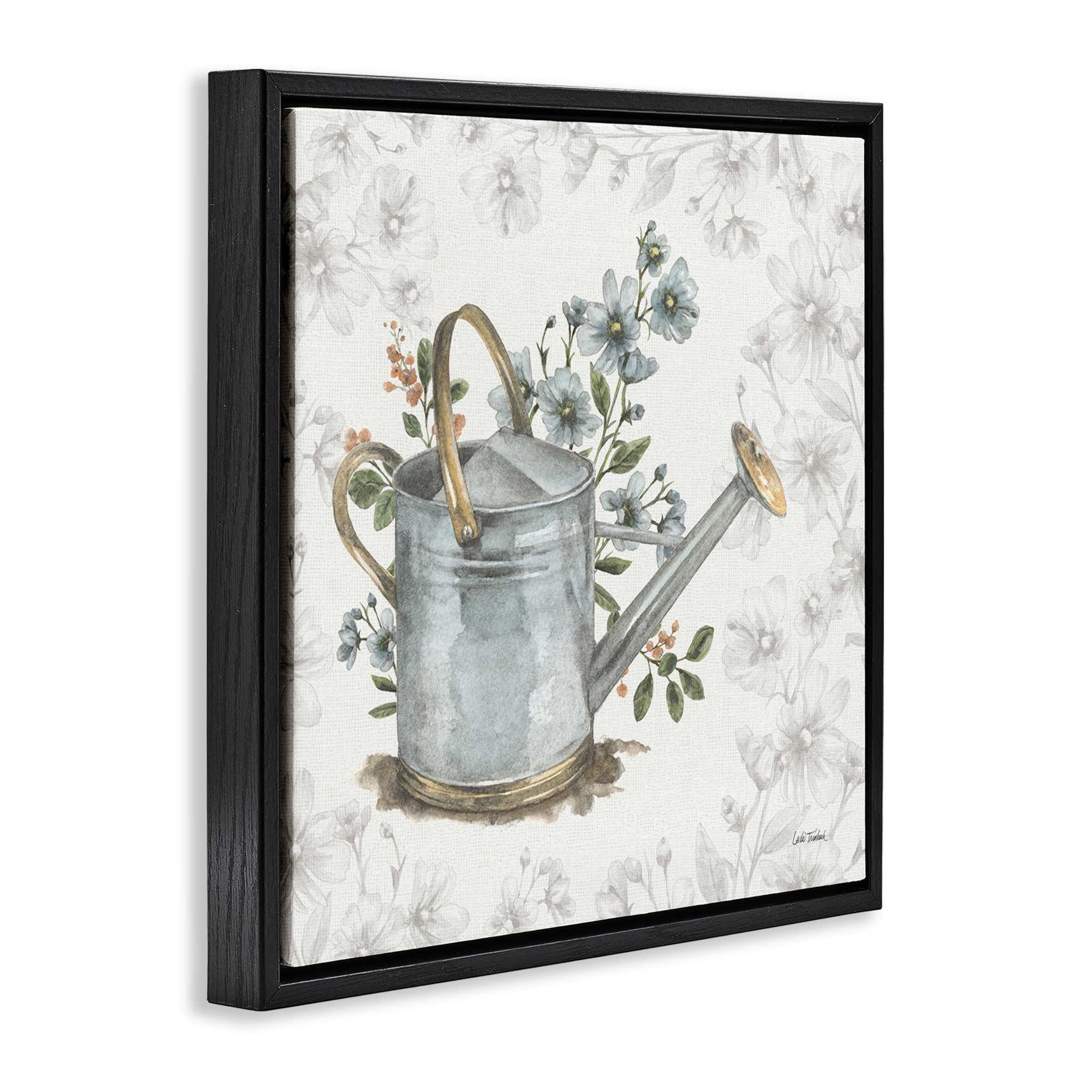 Stupell Industries Floral Watering Can Botanical & Floral Painting Black Floater Framed Canvas Art Print Wall Art, 18 x 18