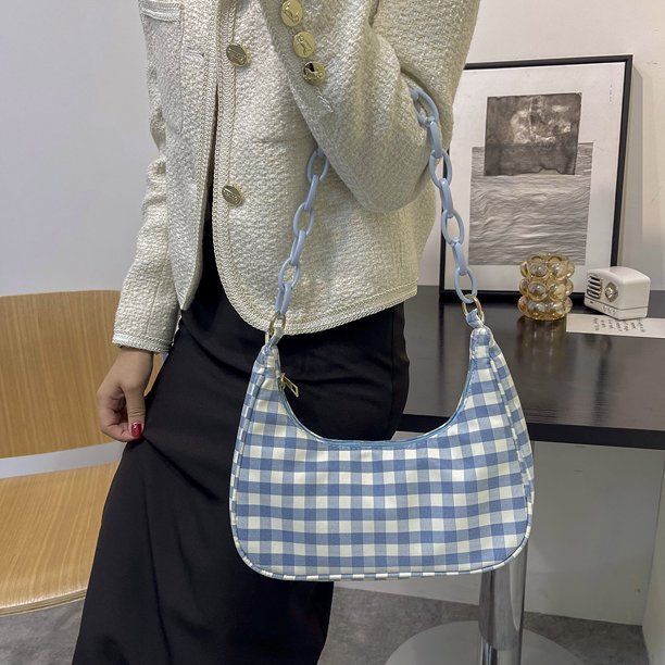 Bolso de hombro con cadena acrílica para mujer bolsa de hombro Ehuebsd con estampado a cuadros de tela Oxford informal pequeño