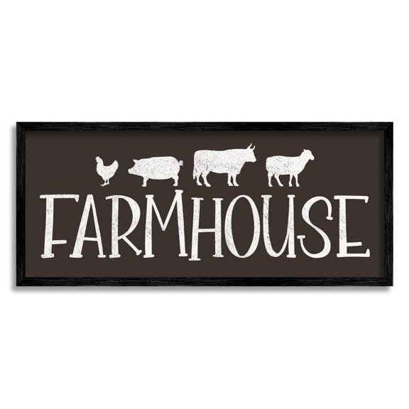 Stupell Industries Farmhouse Animals Sign Black White Pig Cow Chicken Animals & Insects Painting Black Framed Art Print Wall Art, 10 x 24