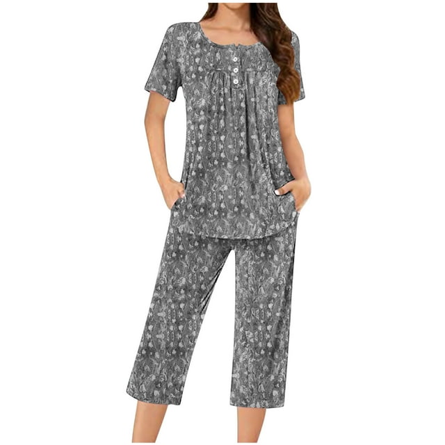 Sexy Pijama Conjunto para las Mujeres Cuello Redondo Blusa de Manga Corta Y Pantalones, Traje de Moda Casual para el Hogar Y Diario