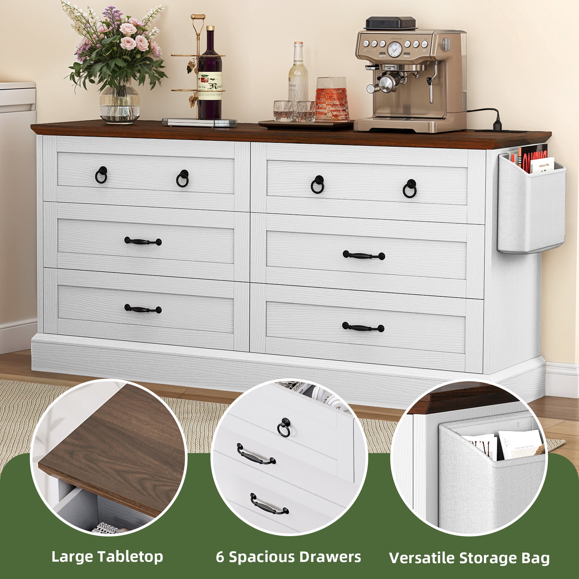 Uforic 6-Drawer Double Dresser with Power Outlets, Horizontal Wood Chest of Drawer, White