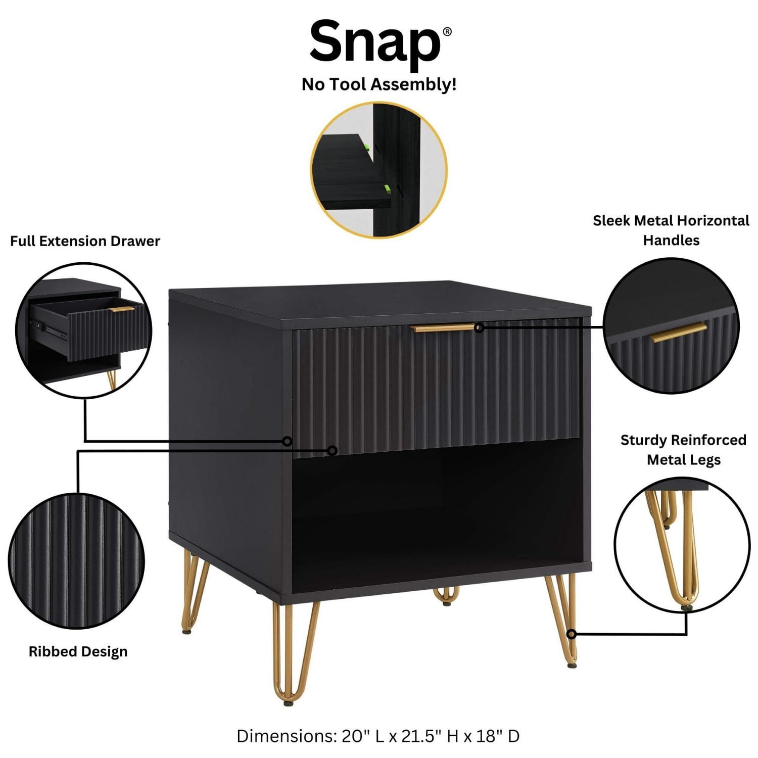 Nightstand, Modern Glam Bedside Table with 1 Drawer, Vertical Ribbed Texture, Gold Handle and Splayed Metal Legs, Storage End Table for Bedroom Living Room, Black