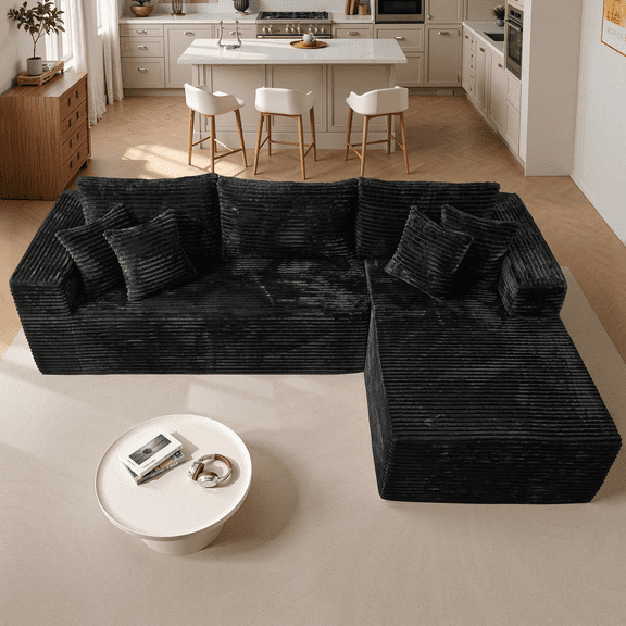 Upgrade to 108 "L-shaped cloud sofa, long plush corduroy combination sofa, boneless sofa for living room and bedroom, no assembly required (black, right-facing lounge chair)