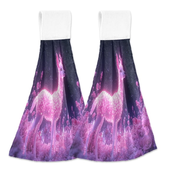 BZSMCE Hanging Hand Towels Fashion Glowing Deer in Pink Forest Pattern 2-Pack - Velcro Style Bathroom Kitchen Towels