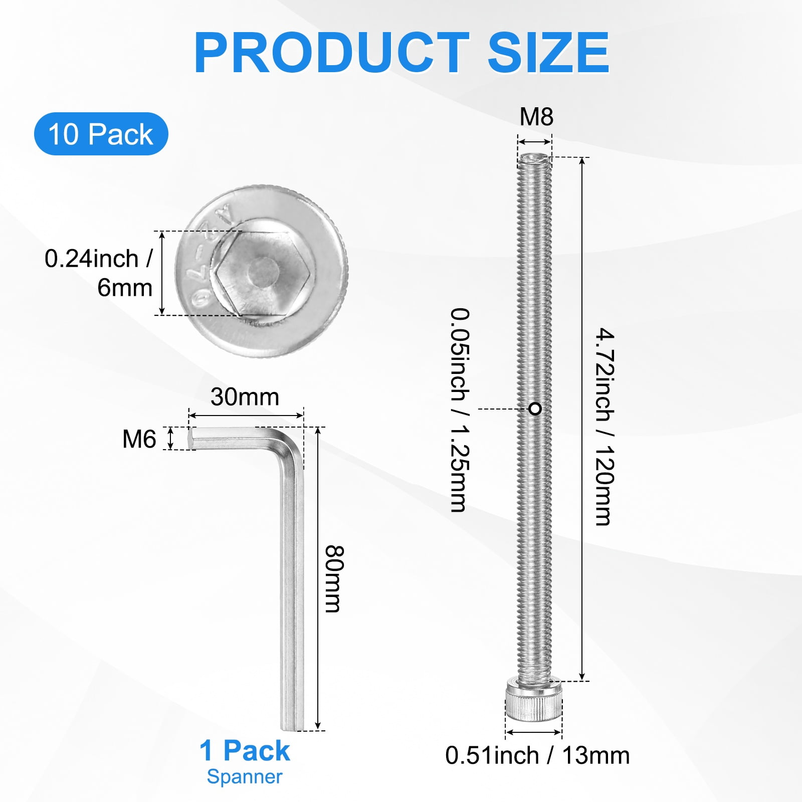 Uxcell 10-Pack M8 x 120mm Hex Socket Head Cap Screws Bolts, 304 Stainless Steel Machine Bolt Full Thread Precision Fasteners
