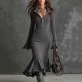 thumbnail image 5 of Women's Sweater Dress Knit Dress Long Sleeve Quarter Zip Bell Sleeve Fishtail Hem Bodycon Tight Dress for Winter,Gray,M, 5 of 7