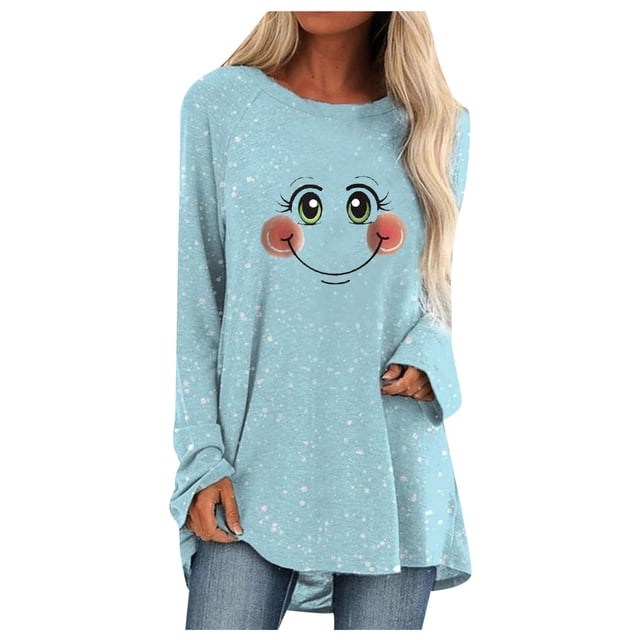 Pompotops T-Shirt de Noël Décontracté pour Femmes Col Rond Fond Flocon de Neige Manches Longues