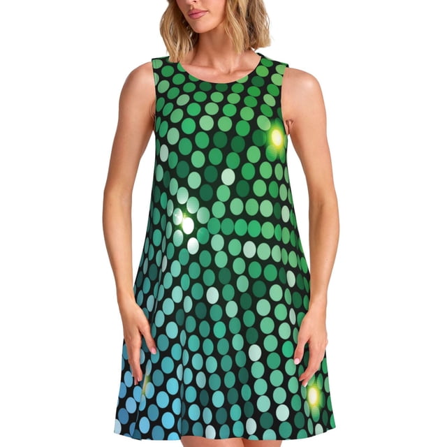Bixox Robe Trapèze Sans Manches à Imprimé de Lumières Disco Vertes pour Femme avec Poches, Robe Débardeur Décontractée Longueur Genou pour l'Été - Petit