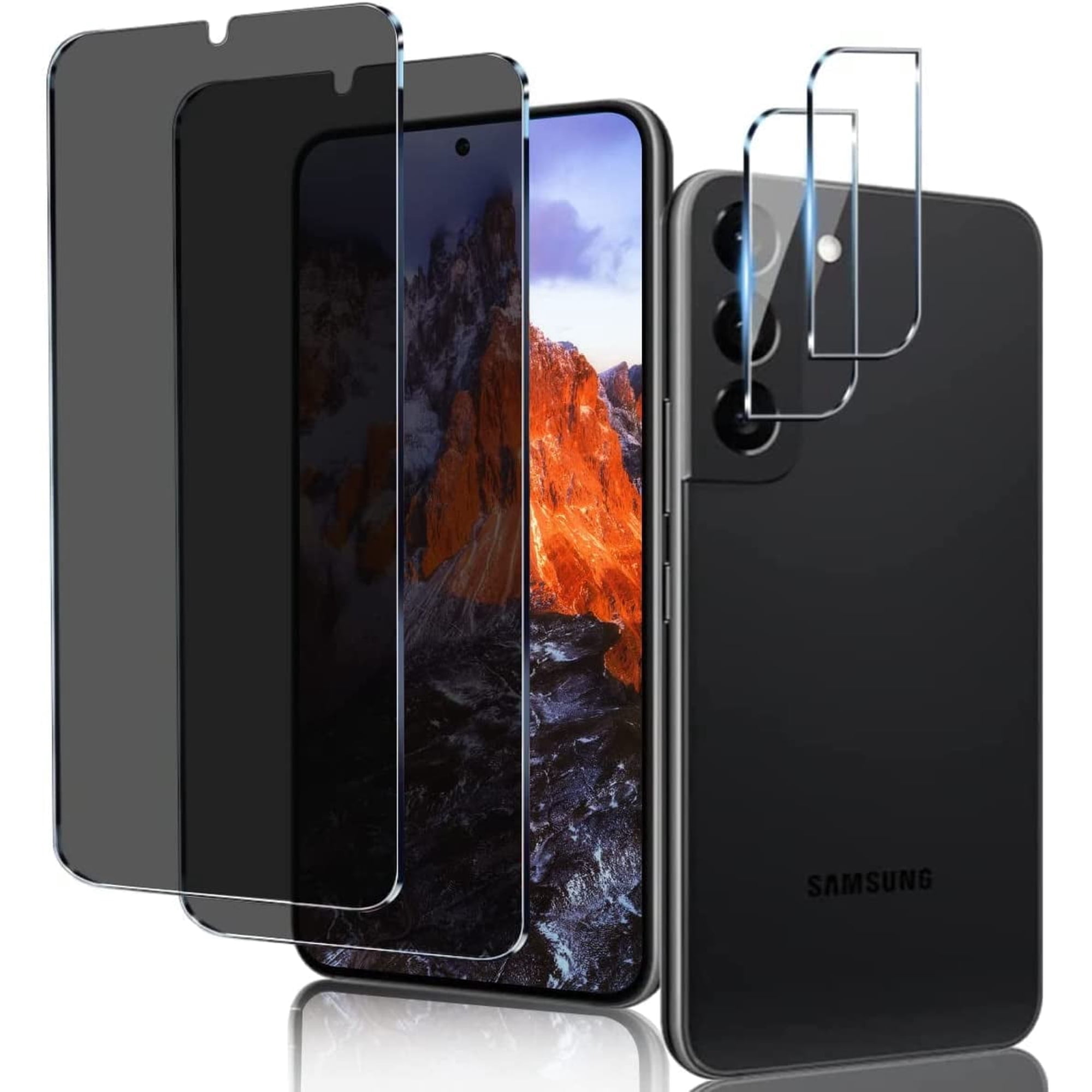 [2+2 Pack] Privacy Screen Protector and Camera Lens Protector for Samsung Galaxy S22 5g 6.1 Inch Tempered Glass Saver, Full Coverage, 9H Hardness HD Anti-spy, Compatible Cases