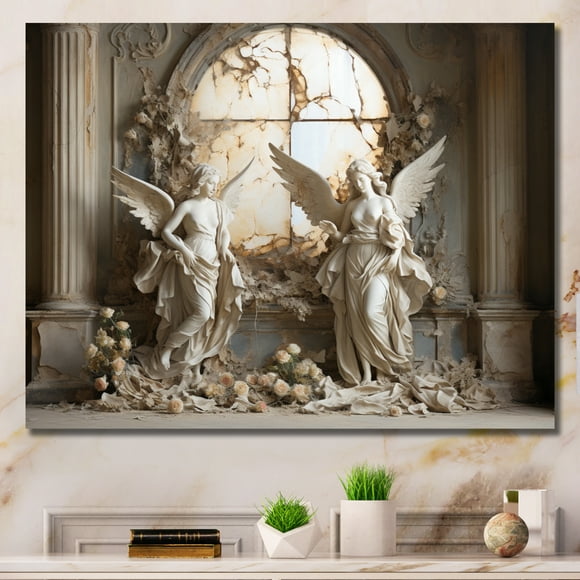 Designart Large Church Wall art, Angel Guardians in the Church I , church Wall art decor, White Traditional Canvas wall art, 40x30 inches
