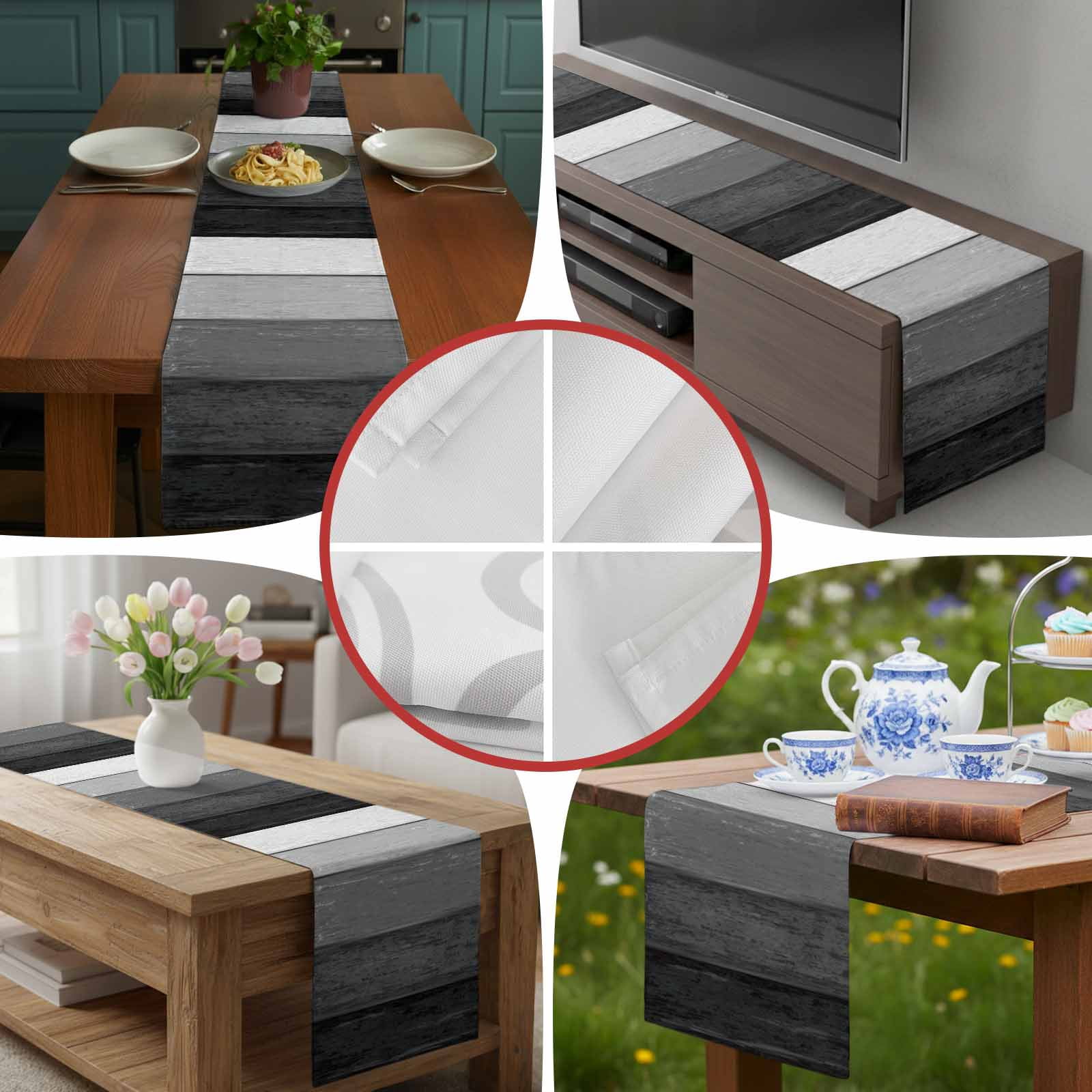 Farm Retro Wood Grain Black Gray Table Runner 90 Inches Long, Farmhouse Gradient Stripes Table Runners Tabletop Scarf Kitchen Dining Tables Decoration for Home Party Indoor Outdoor