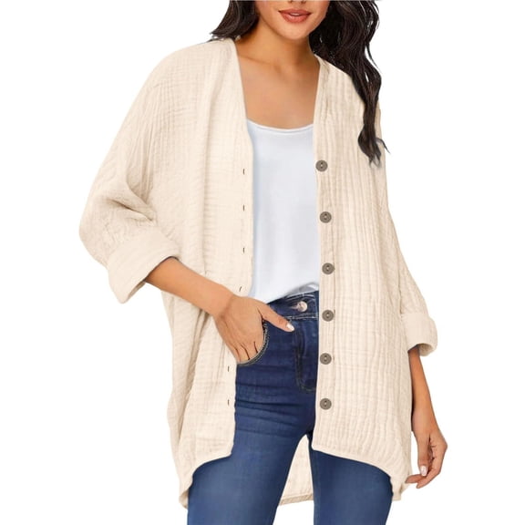 PBFRDSJ Womens Cotton Cover Up Button Down 3/4 Sleeve Lightweight Cardigan Casual Crinkle Shirts Tops