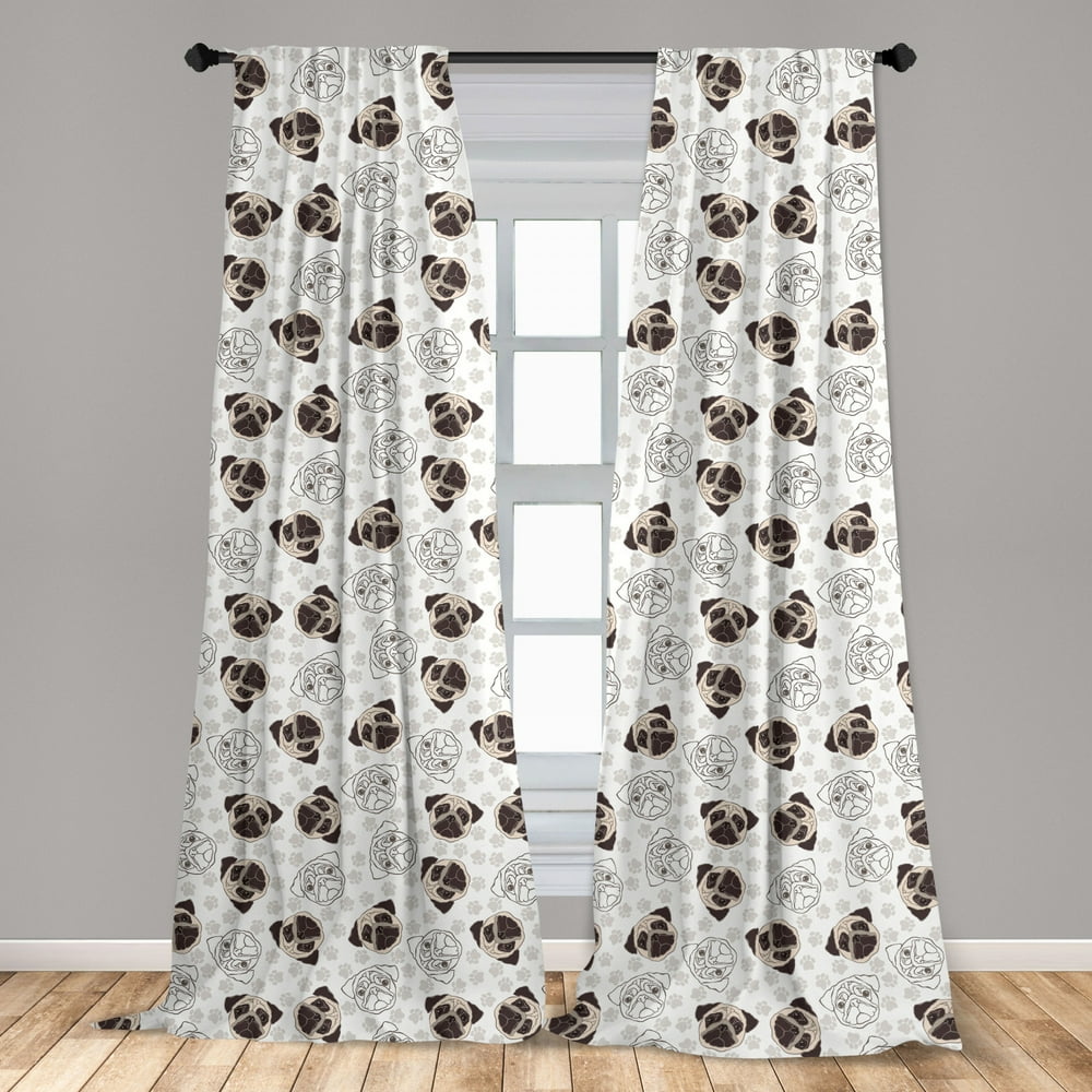 Dog Curtains 2 Panels Set, Pug Portraits Traces Paw Print Background