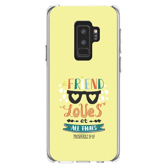 DistinctInk Clear Shockproof Hybrid Case for Samsung Galaxy S9  PLUS (6.2" Screen) - TPU Bumper, Acrylic Back, Tempered Glass Screen Protector - Proverbs 17:17 - A Friend Loves at All Times