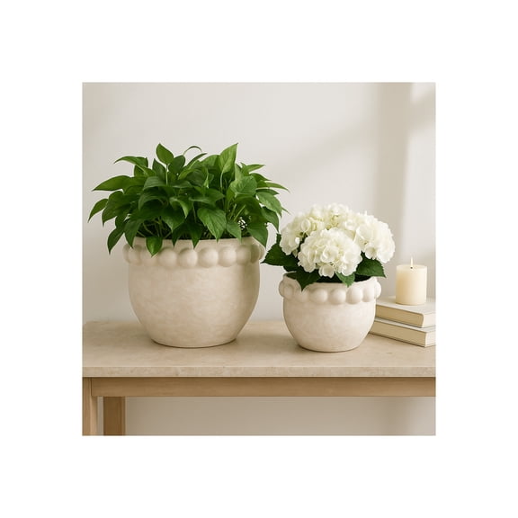 Sagebrook Home Decorative Round Flower Pots for Home Decor - Planters for Outdoor & Indoor Plants, Textured Pottery - Set of 2, 16", 10", White