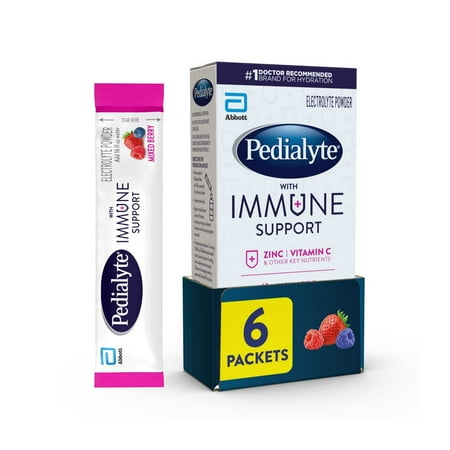 Pedialyte with Immune Support, Electrolyte Drink Powder, Mixed Berry | 6 Powder Packets