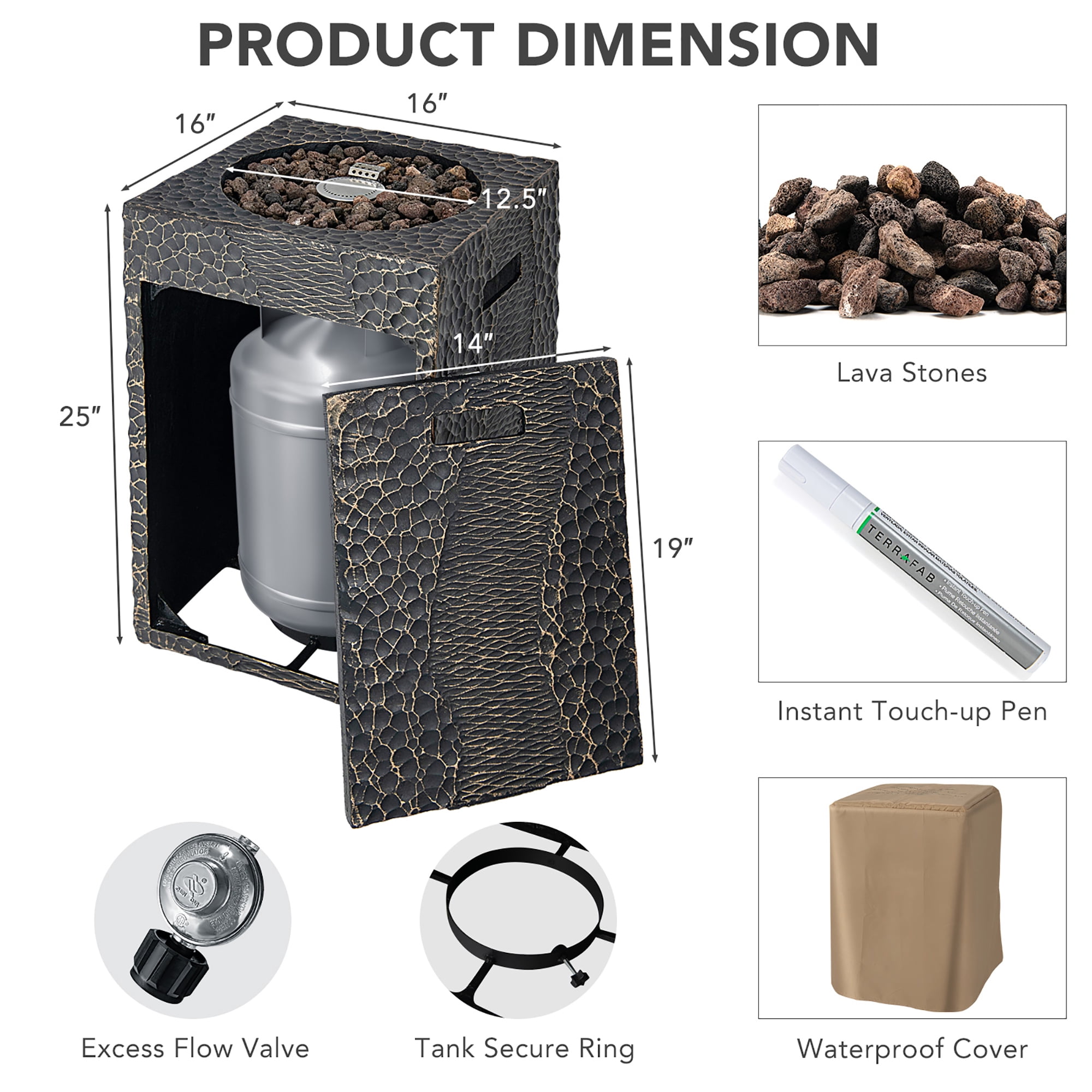 Costway 16'' Square Outdoor Propane Fire Pit w/Lava Rocks Waterproof Cover 30,000 BTU Black