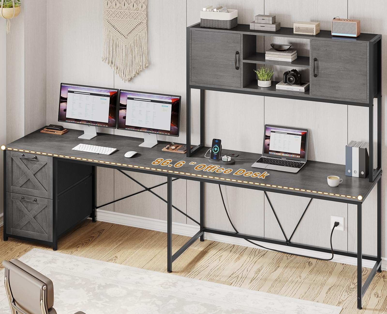 L Shaped Computer Desk 2 Drawers, Reversible Home Office Desk with Led Lights, Hutch and Storage Shelf