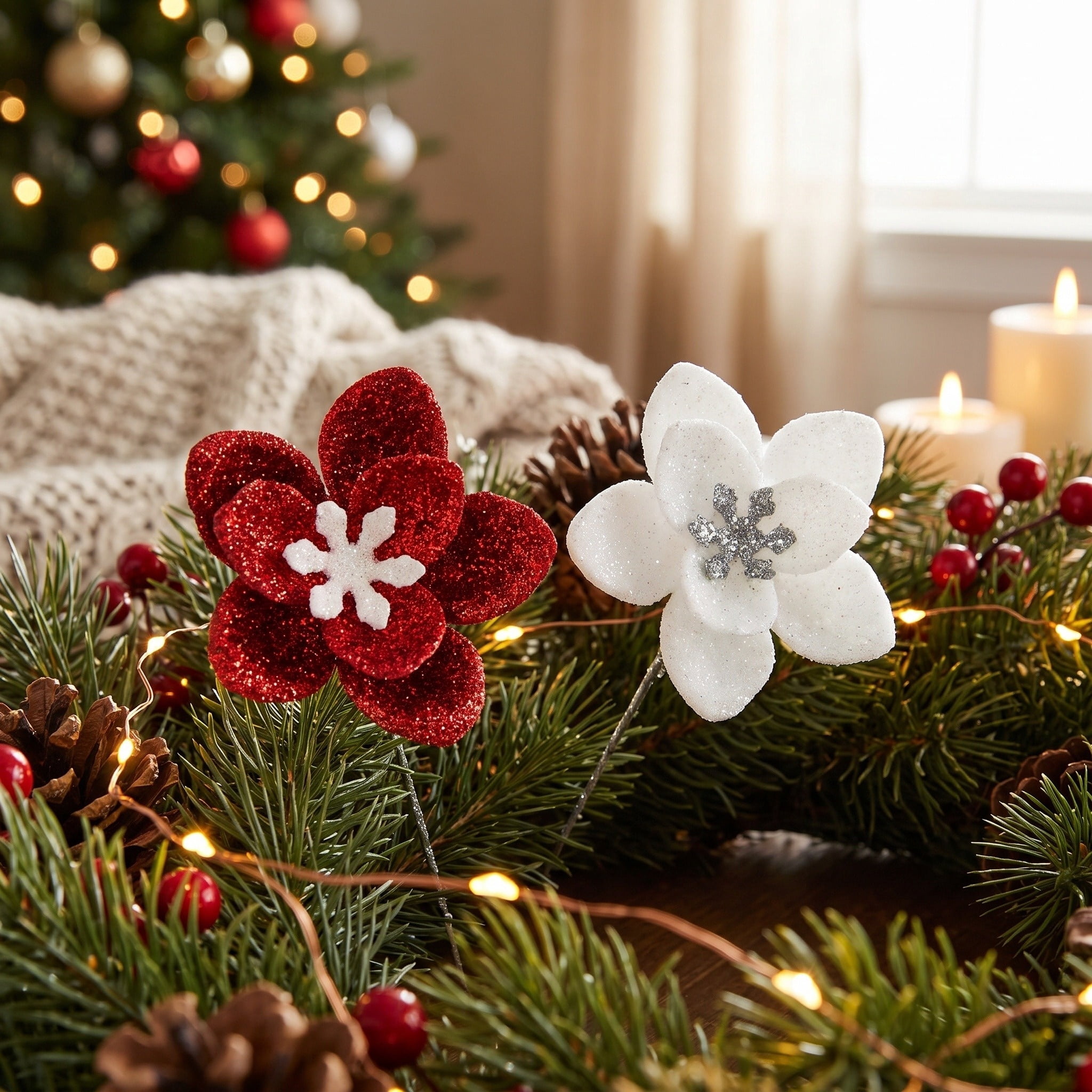 9-Count Red and White Glitter Flower Mini Christmas Ornaments, 1.8", by Holiday Time
