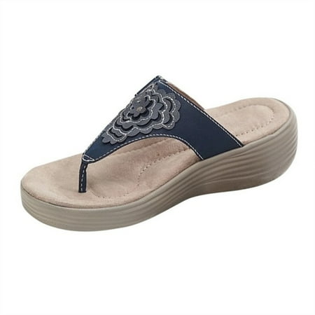 

VeliToy Women s Slippers Bohemia Style Summer Shoes Women Heels Sandals Flowers Wedges Shoes Beach Flip Flops (Blue 40)