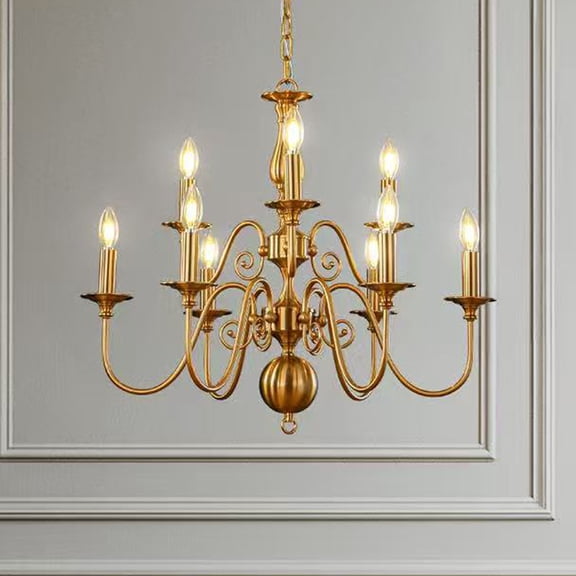 Antique Brass 9-Light 2-Tier Chandelier French Country Candle Style Pendant Light 26 Inch for Dining Room Entryway or Living Room