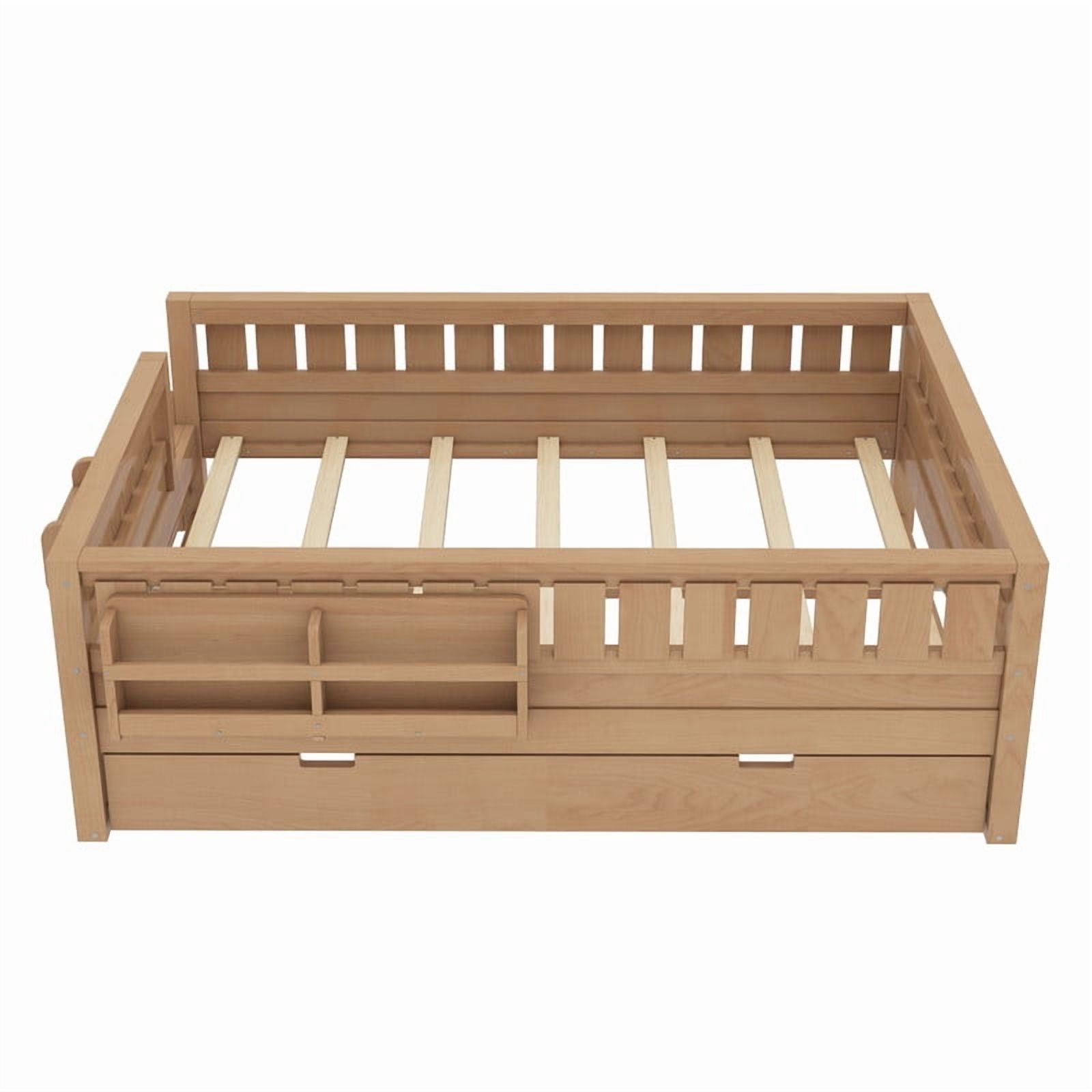Bellemave Full Bed with Trundle and Small Stairs, Full Size Platform Bed Frame with Rail and Bookshelf, Wooden Montessori Floor Bed No Box Spring Needed,Natural