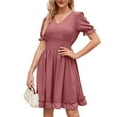 thumbnail image 2 of SWSMCLT Women's Midi Dress Casual Dresses Summer Ruffle Swing Dress Cute Ruched Puff Sleeve Short Sleeve Dark Pink Medium, 2 of 4