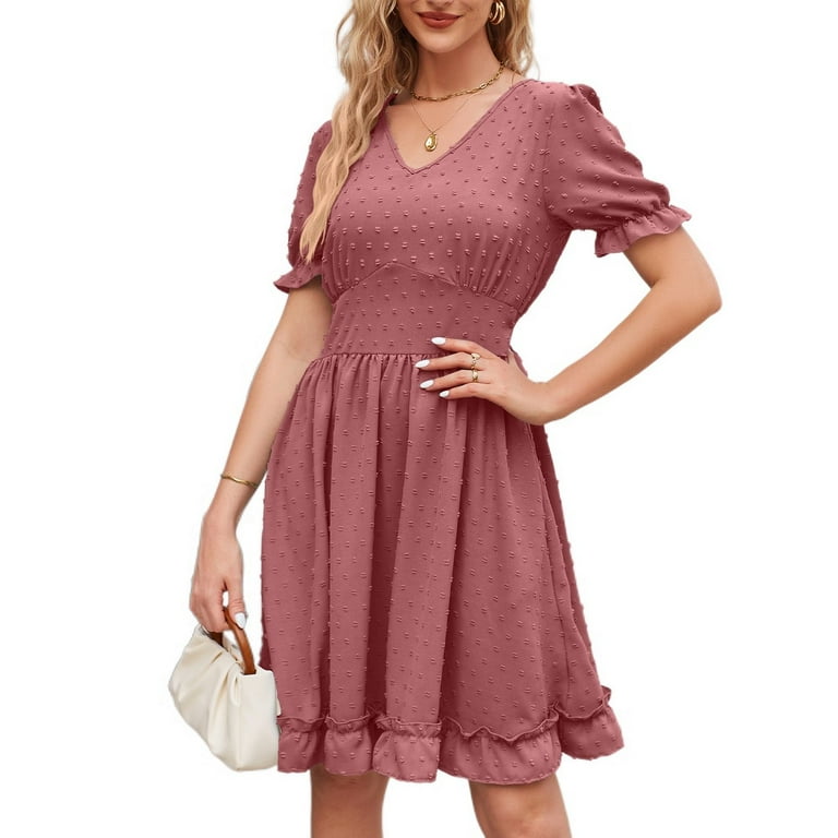 Swsmclt Women's Midi Dress Casual Dresses Summer Ruffle Swing Dress Cute Ruched Puff Sleeve Short Sleeve Dark Pink X-Large, Size: XL