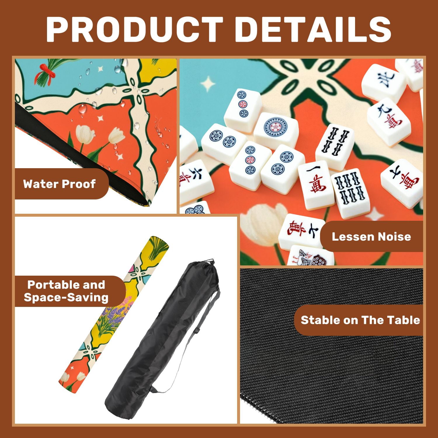 Mahjong Mat 31.5" x 31.5" Floral Colorful Bouquets Geometric Shapes Vibrant Non-Slip Noise Reduction American Mahjong Tiles Table Cover for Dominoes Poker Card Board Games Gift