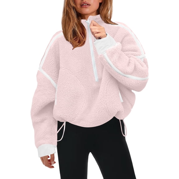 Womens Half Zip Sherpa Jacket Oversized Fleece Pullover with Hood Cozy Winter Sweatshirt Casual Wear Pink M