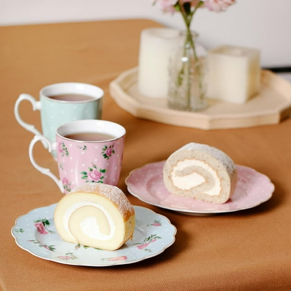 Porcelain Floral Plates Set of 8, 8 Inch, Pastel with Gold , Spring Dessert Dinnerware, Dishwasher & Freezer Safe