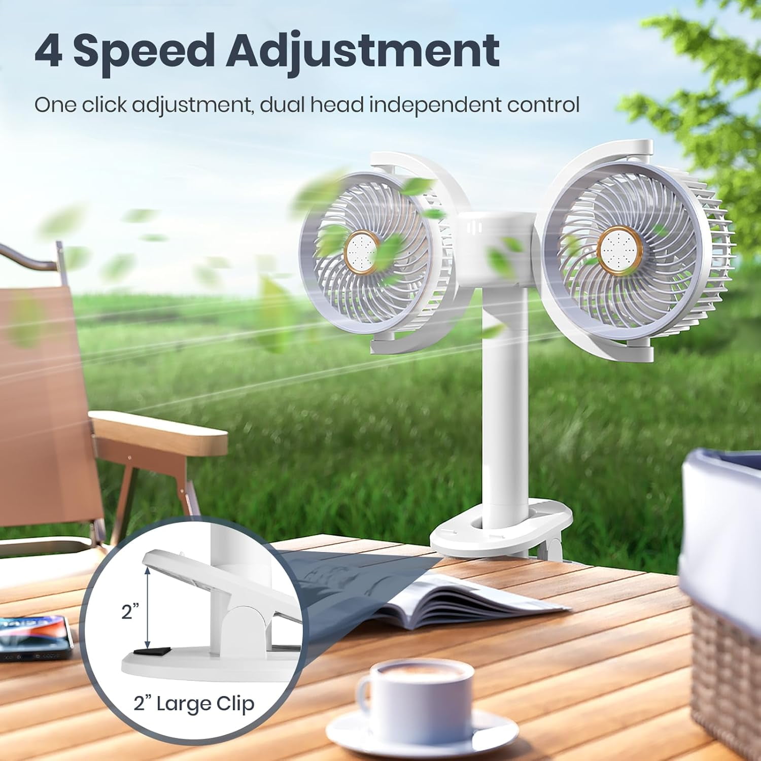 Clip Car Fan, Adjustable Dual Head 4 Inches 12V Fan for Front/Rear Seat Passenger, 360° Rotatable Car Essentials Cooler with Stepless Speed Regulation for Vehicle SUV, RV