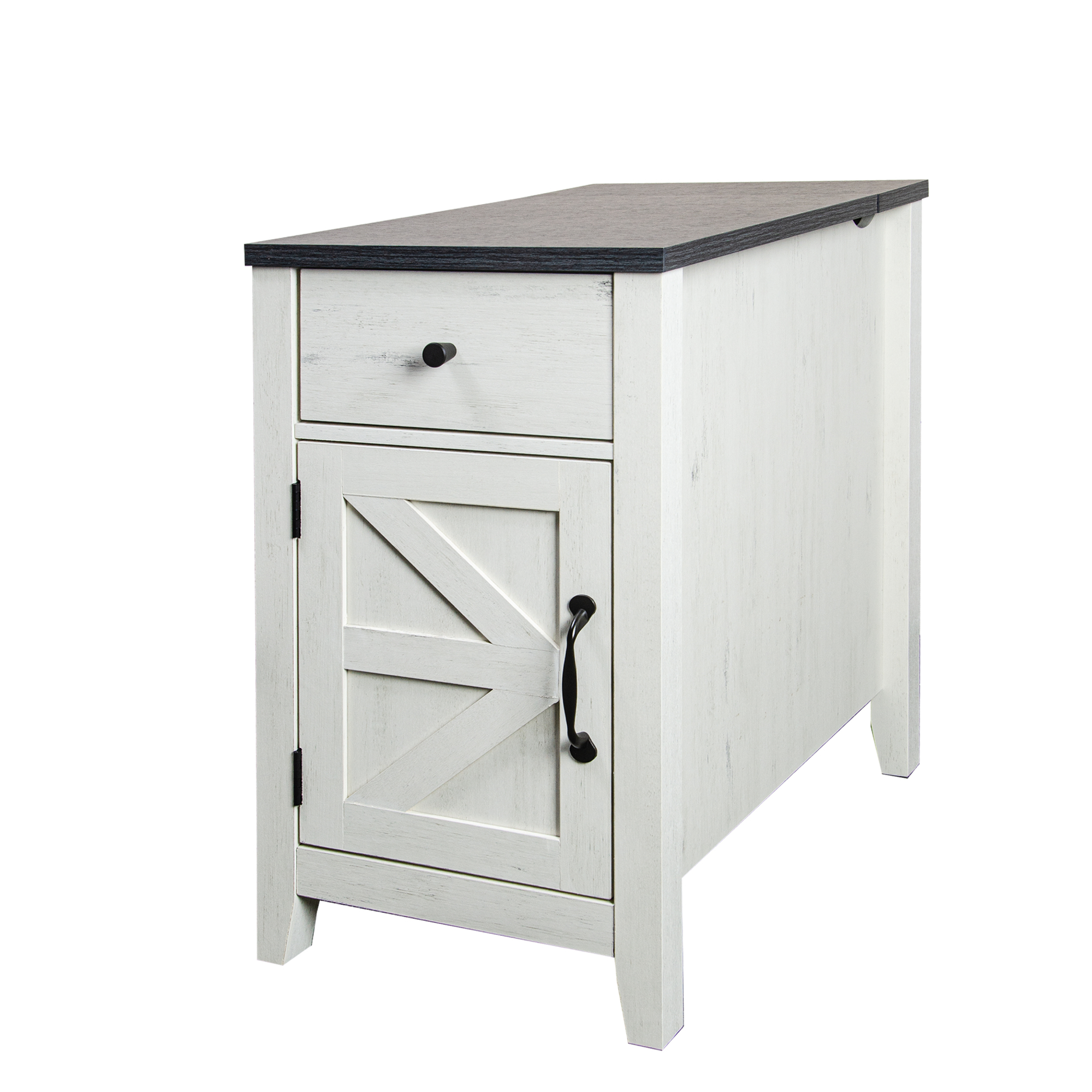 HOQBN Farmhouse End Table with Charging Station, Nightstand with Barn Door and Drawer, Bedside Table for Bedroom Living Room, White+Black