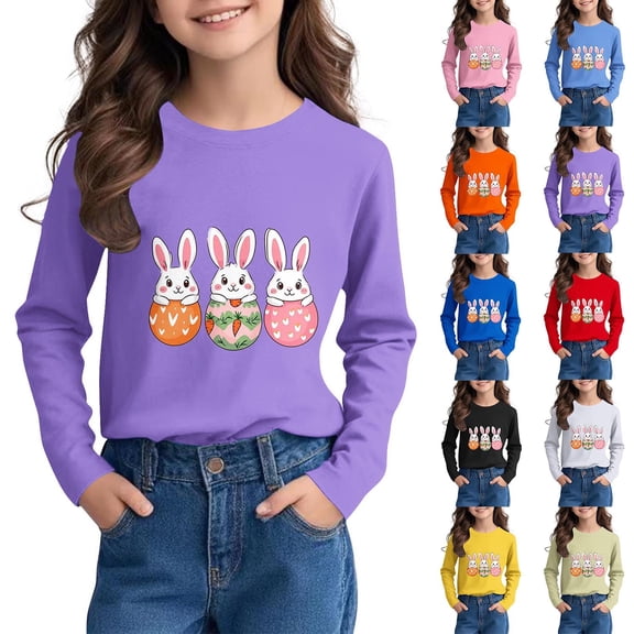 Cowsor Tween Boys Girls Easter Graphic Print Long Sleeve Crew Neck Tee Soft Cotton Casual Layering Top Spring Fall Easter Daily Wear 2-15 Years