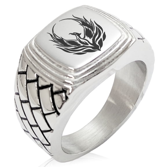 Stainless Steel Greek Mythology Phoenix Geometric Pattern Step-Down Biker Style Polished Ring