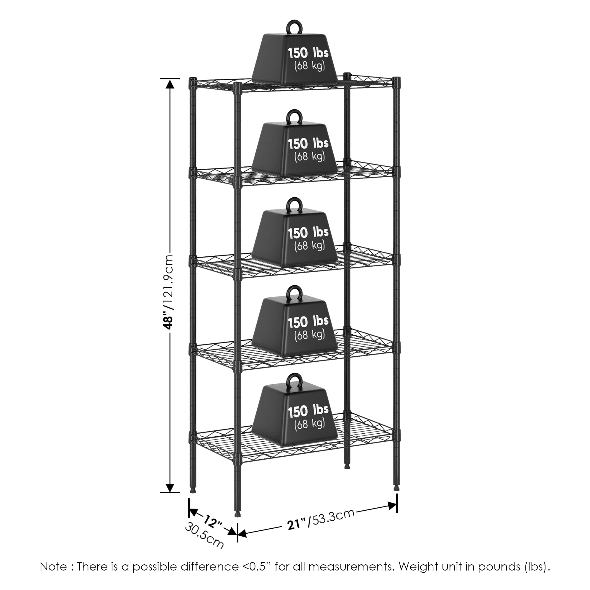 Furinno Wayar 5-Tier Metal Storage Shelf Rack, 21 x 12 x 48, Black