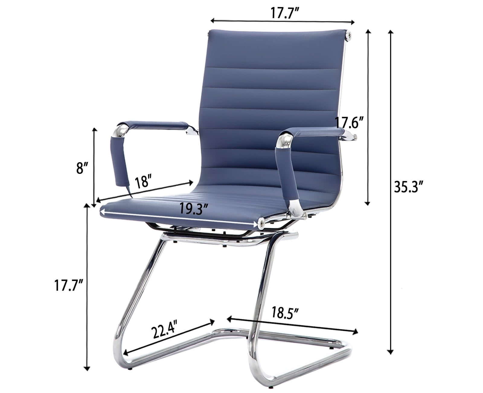 Guyou Modern Mid Back Office Guest Chair Set of 2, Faux Leather Reception Chair Computer Chair with Armrests and Metal Sled Base for Meeting/Waiting/Conference Room, No Wheels, Blue